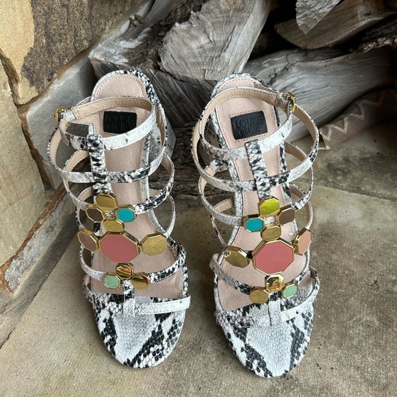 LOUISE ET CIE Leeba embelished heeled sandal python embossed leather Sz-7.5M. I - Picture 4 of 11